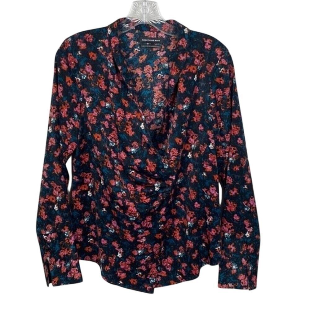 Something Navy Small S Multicolor Rosebud Draped Wrap Front Blouse Floral Top